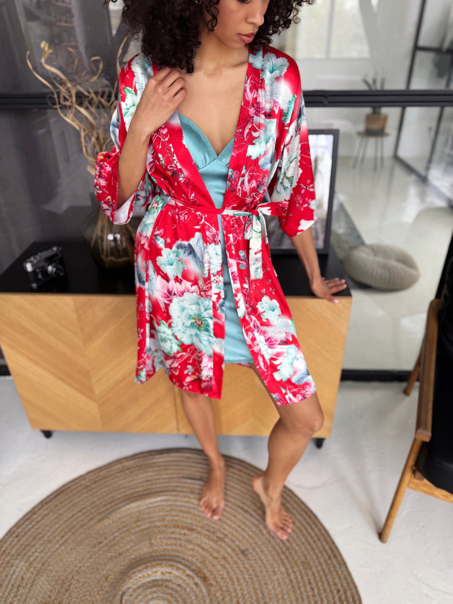 Red Robe with Olive Slip Set