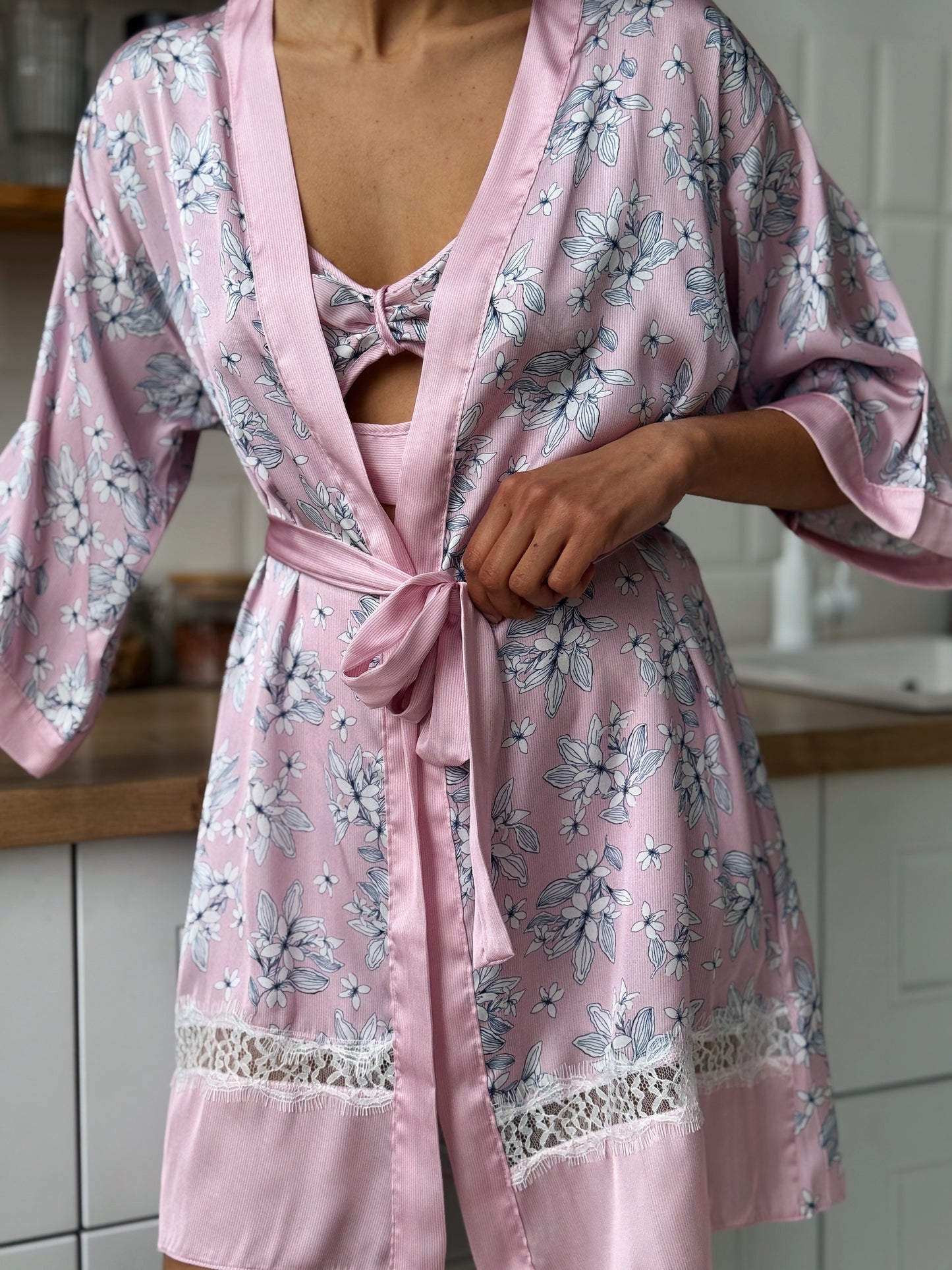 Pink Floral Satin Pajama Set