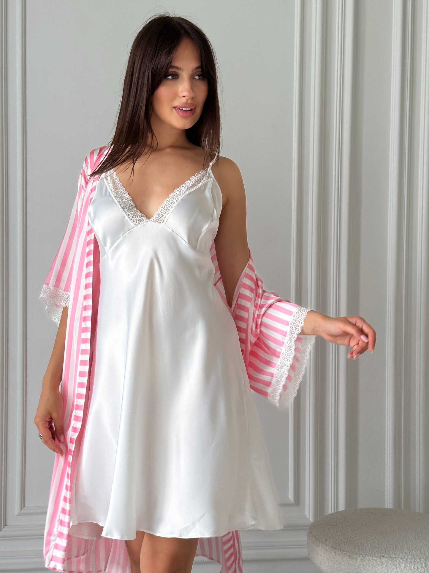 White Satin Nightgown & Pink Striped Robe Set