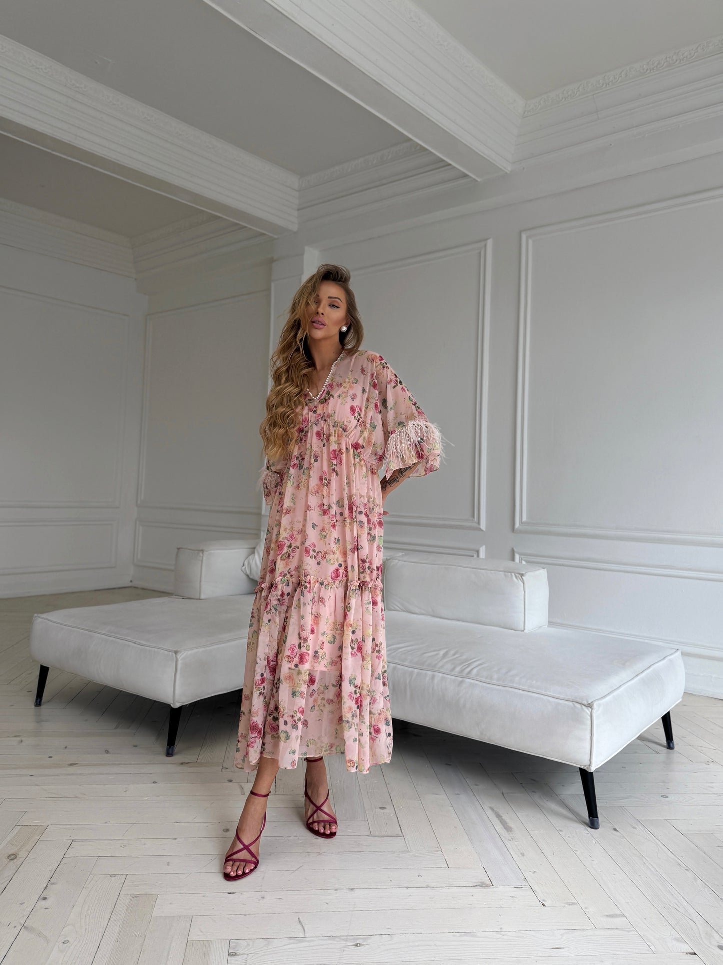 Beaded Feather Sleeve Dress