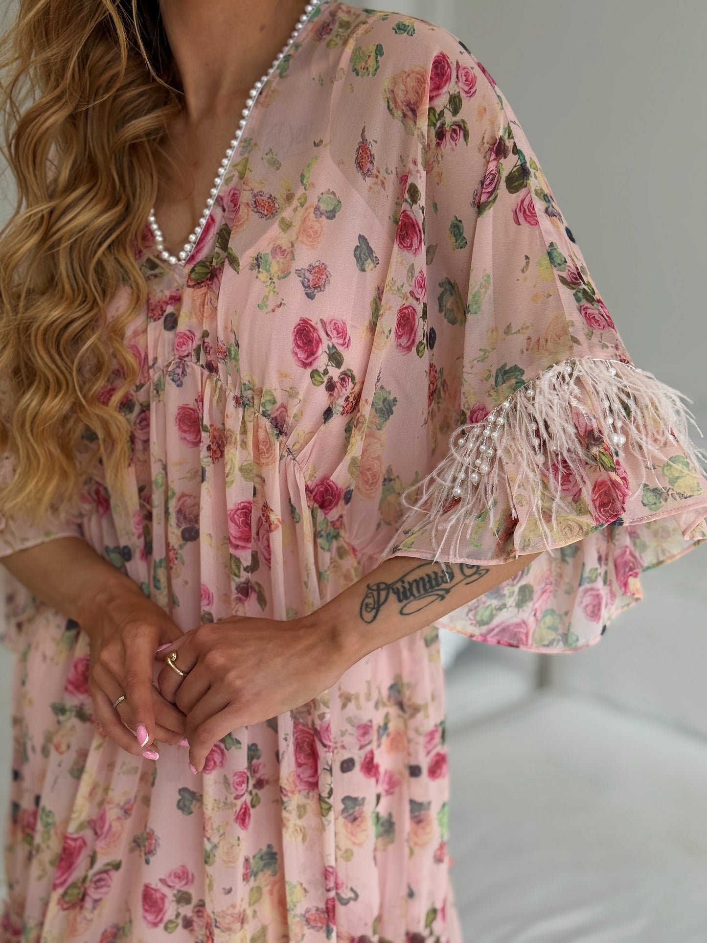 Beaded Feather Sleeve Dress