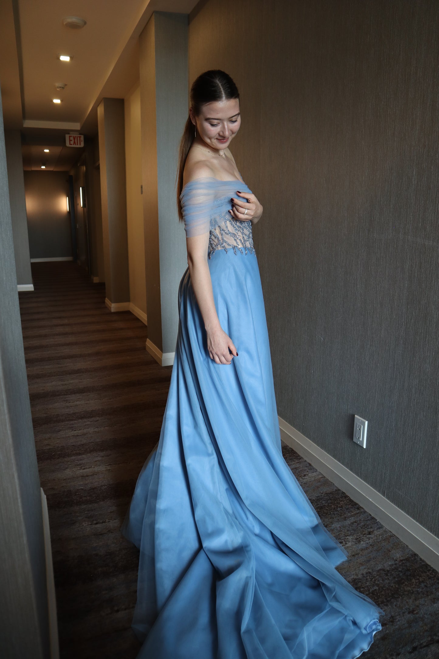 Blue Off-Shoulder Evening Gown