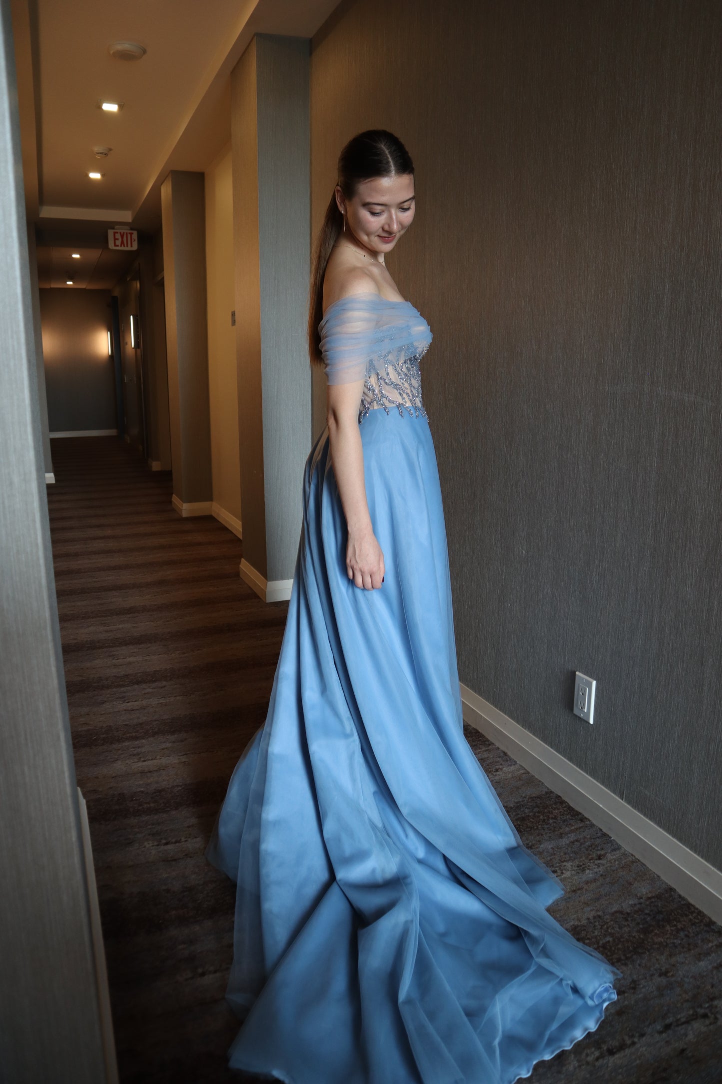 Blue Off-Shoulder Evening Gown