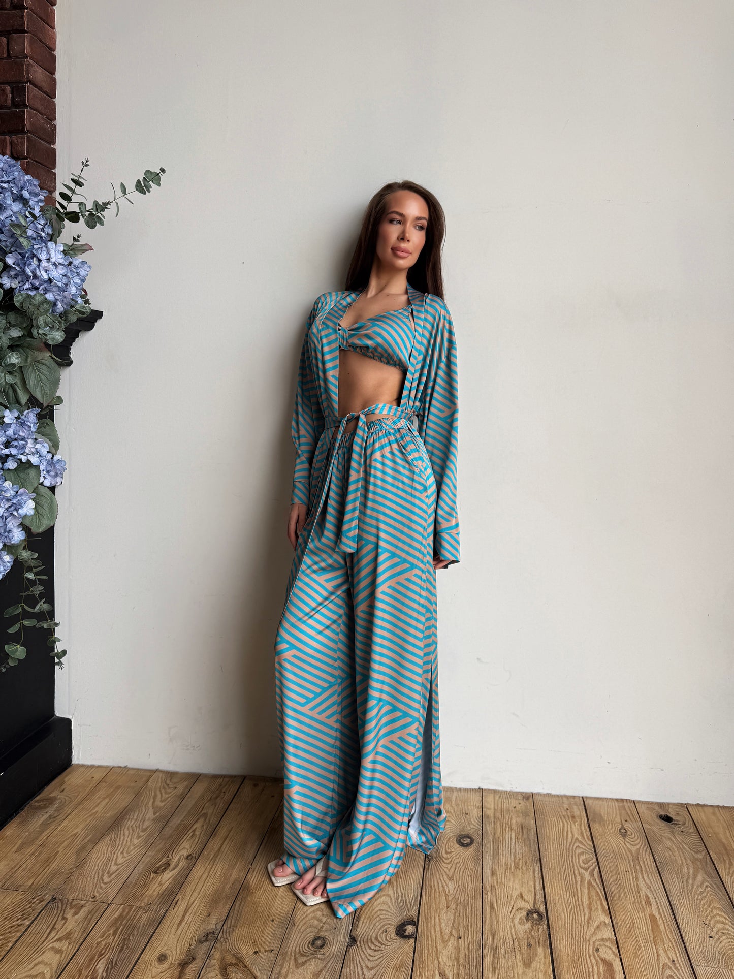 Turquoise Geometric Satin Lounge Set