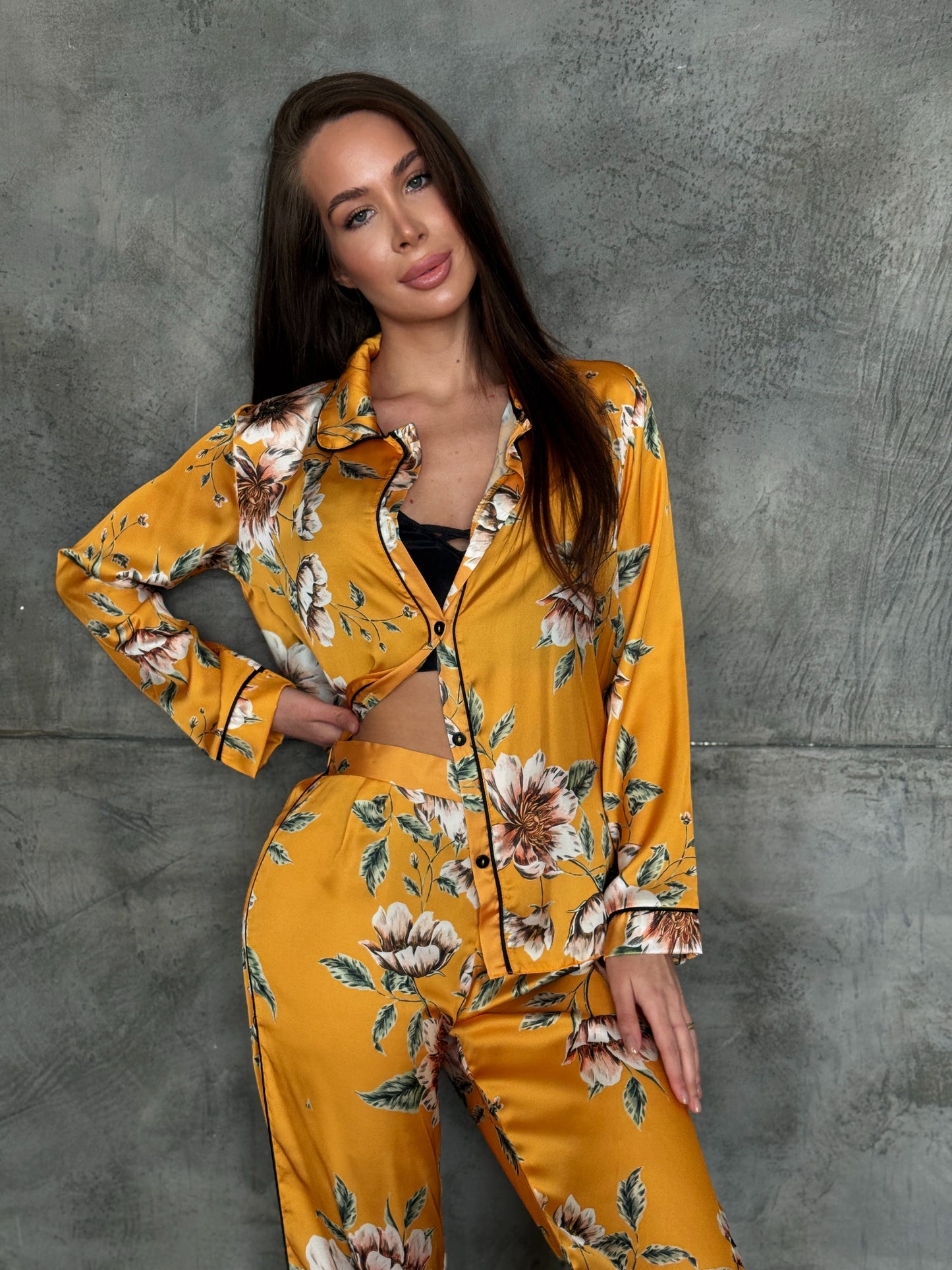 Yellow Floral Satin Pajama Set
