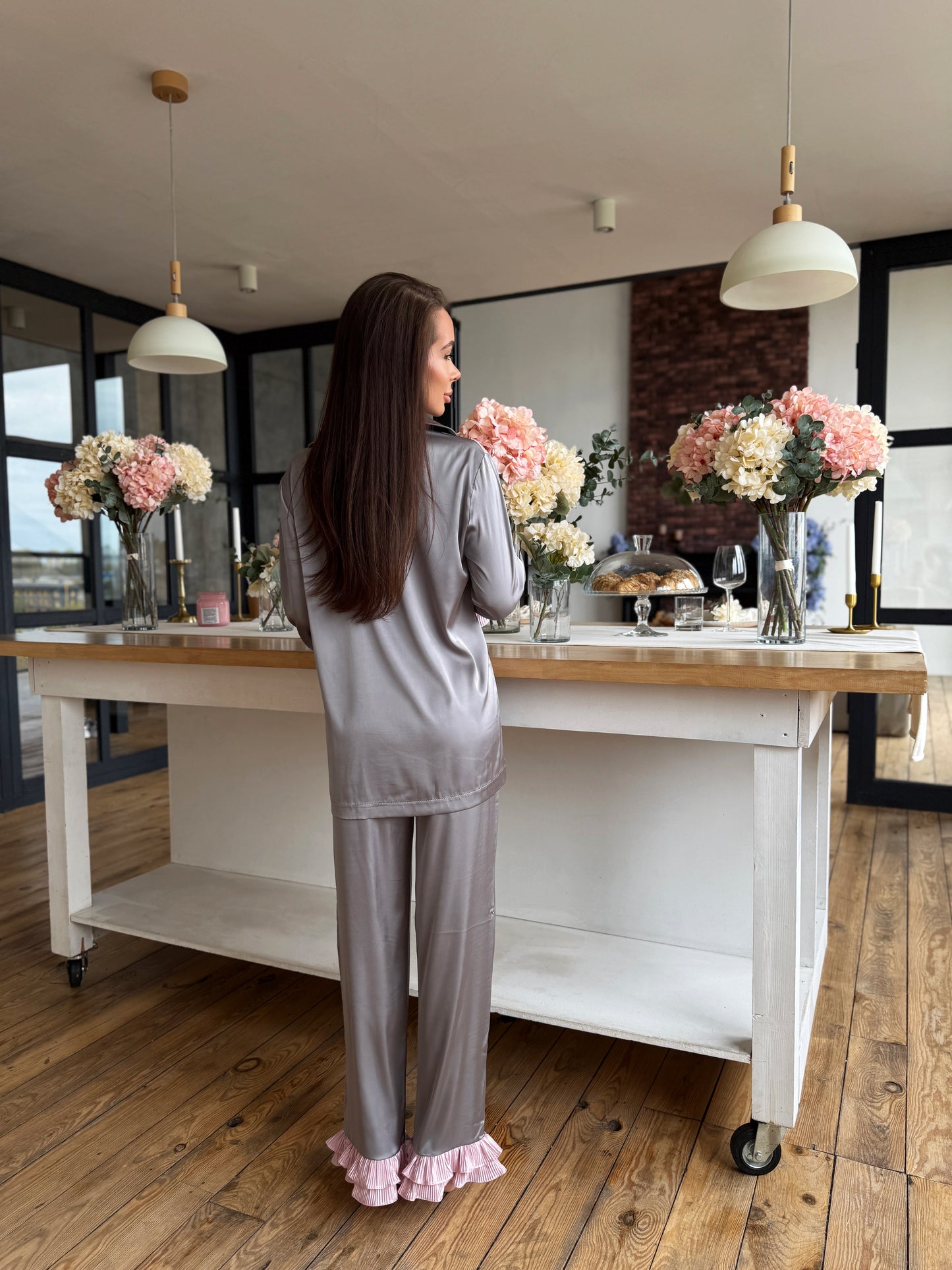 Silver Satin Pajama Set with Pink Ruffles