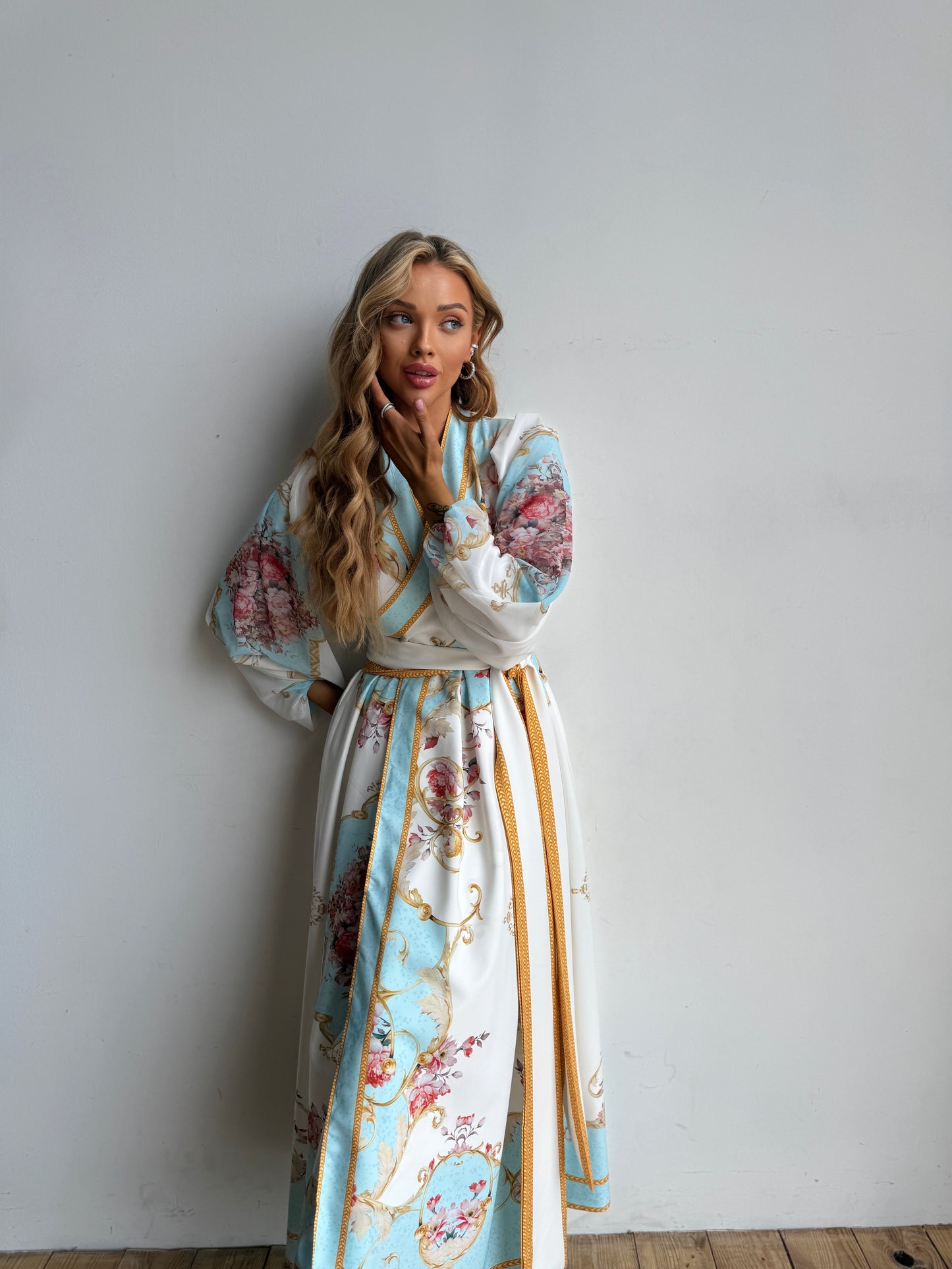 Elegant White Dress with Blue Pattern