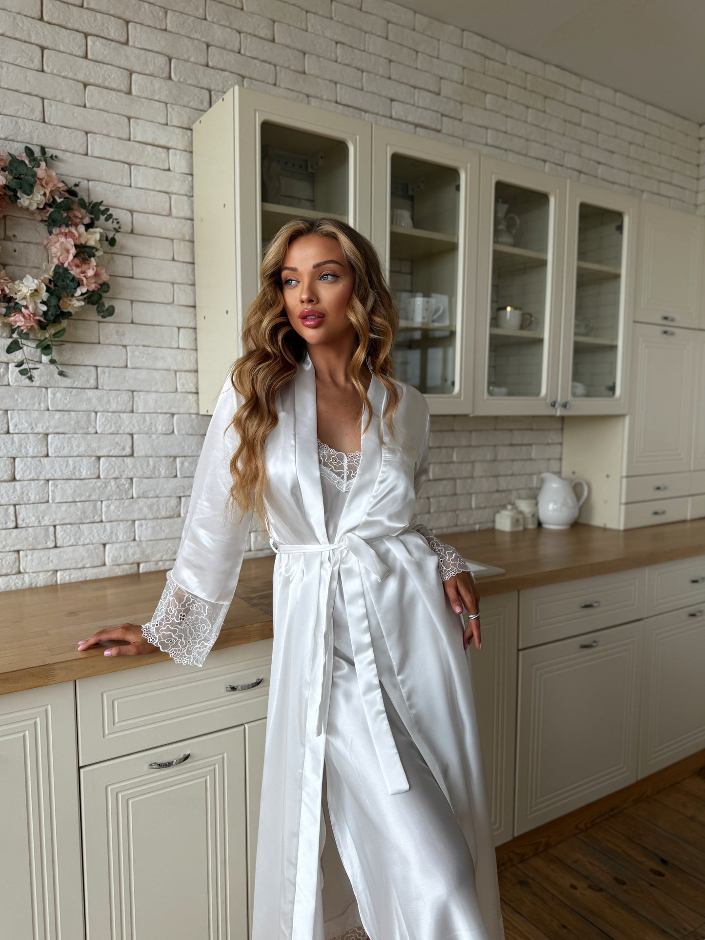 White Satin Nightgown & Robe Set