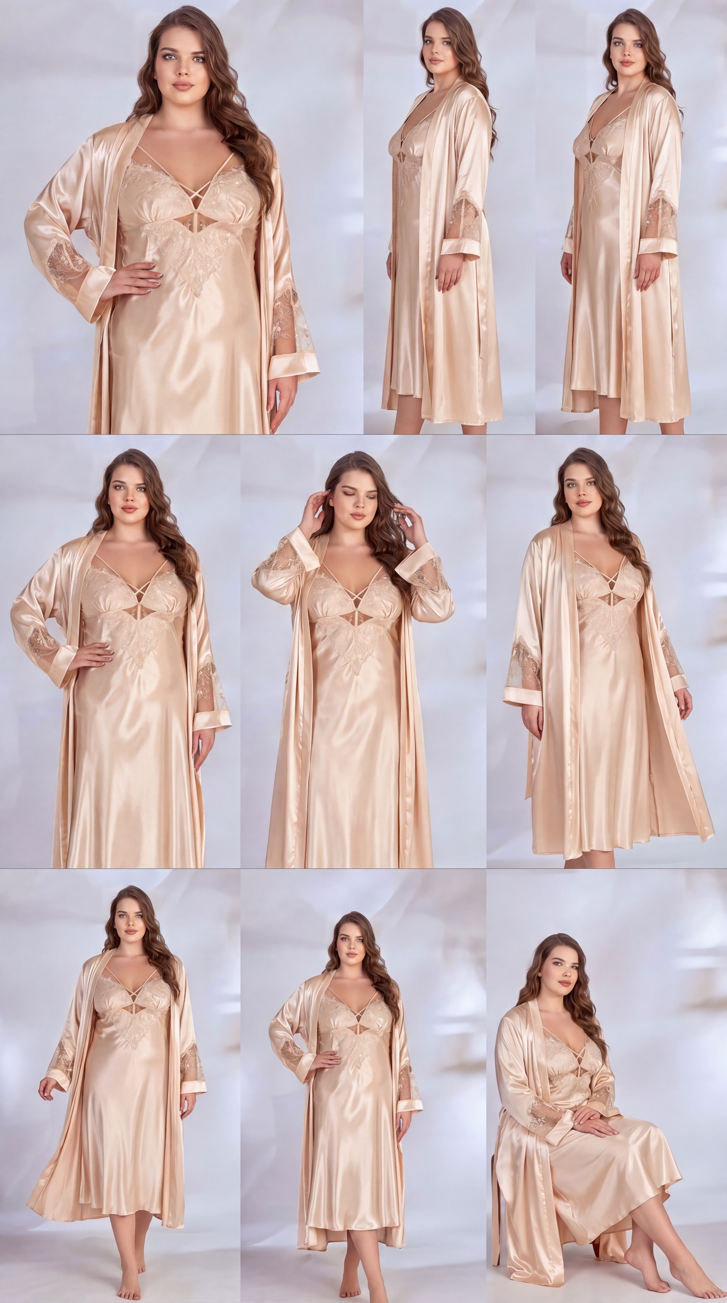 Plus Size Champagne Satin Nightgown & Robe Set