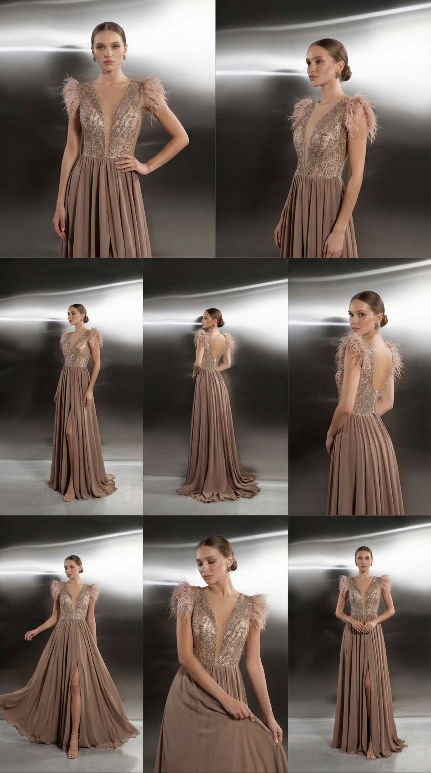 Champagne Feather Evening Gown