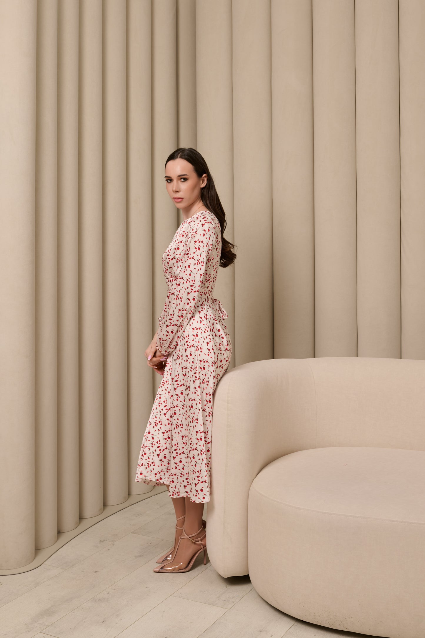 White & Red Floral Midi Dress