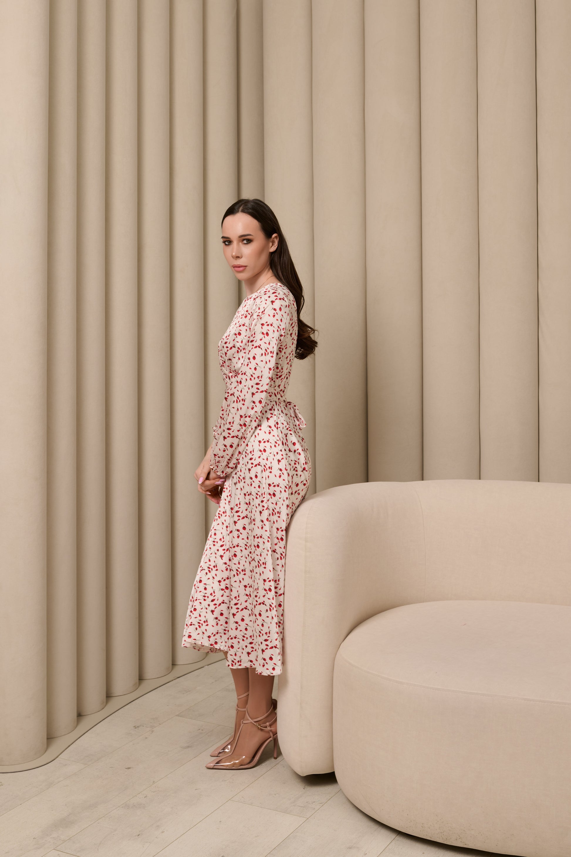 White & Red Floral Midi Dress