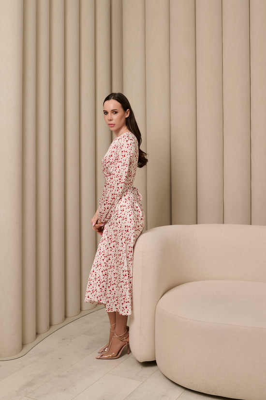 White & Red Floral Midi Dress