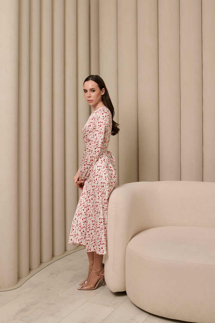 White & Red Floral Midi Dress