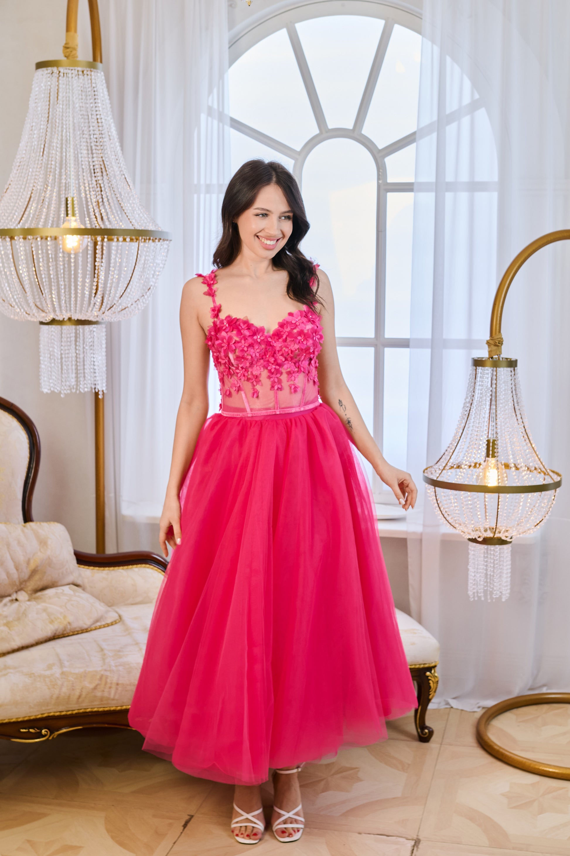 Hot Pink Tulle Floral Dress
