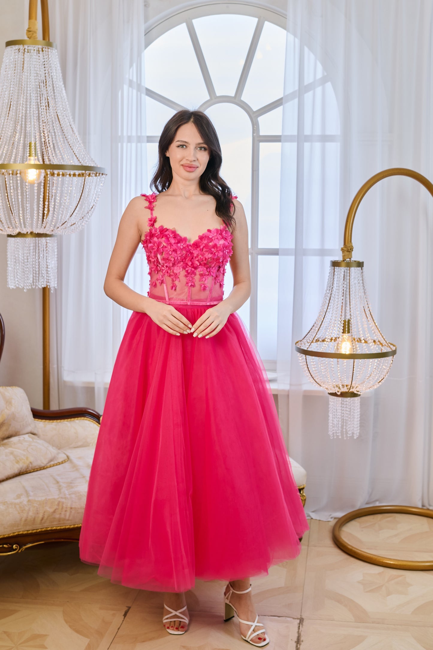 Hot Pink Tulle Floral Dress