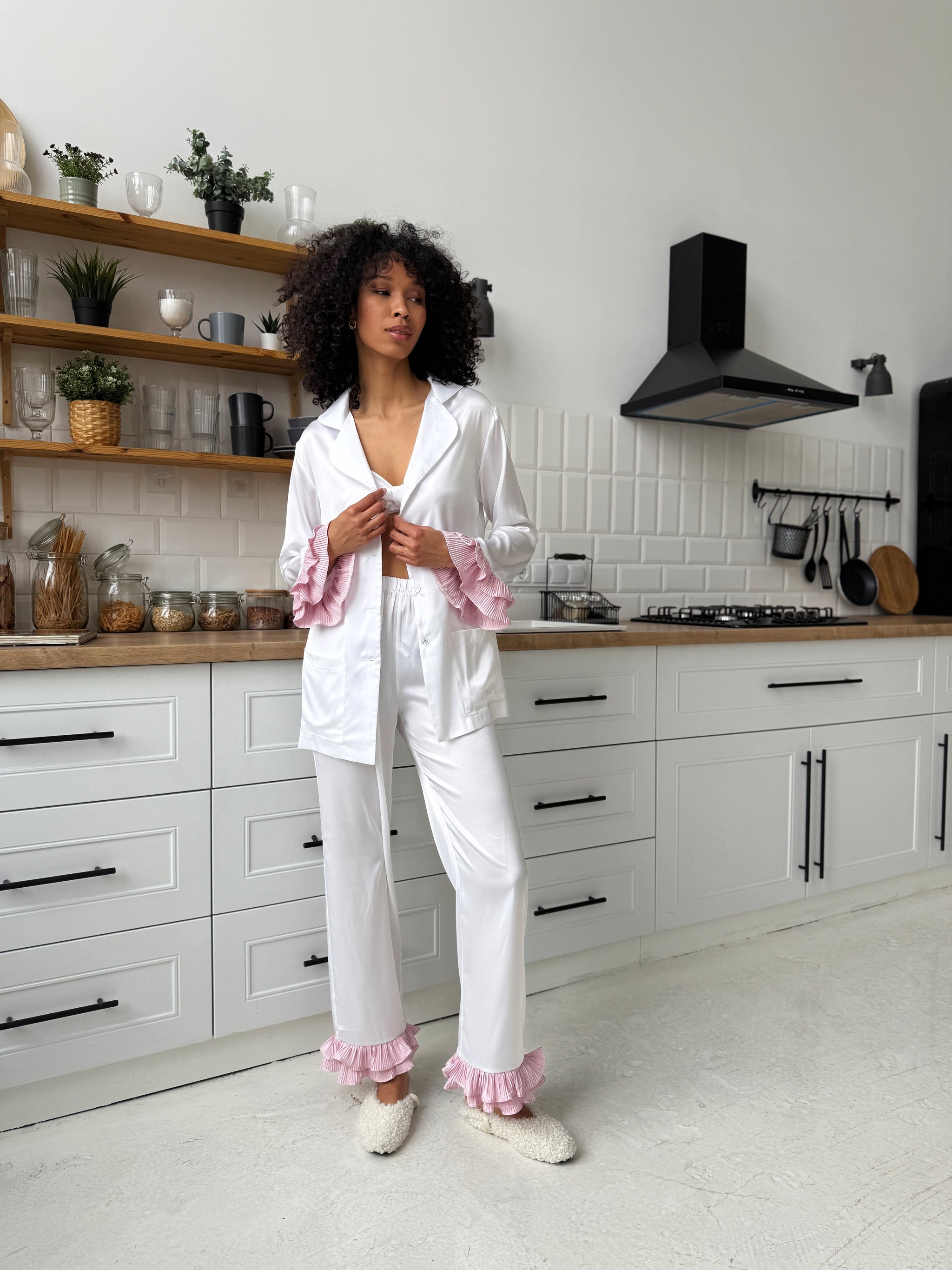White Satin Pajama Set with Pink Ruffles