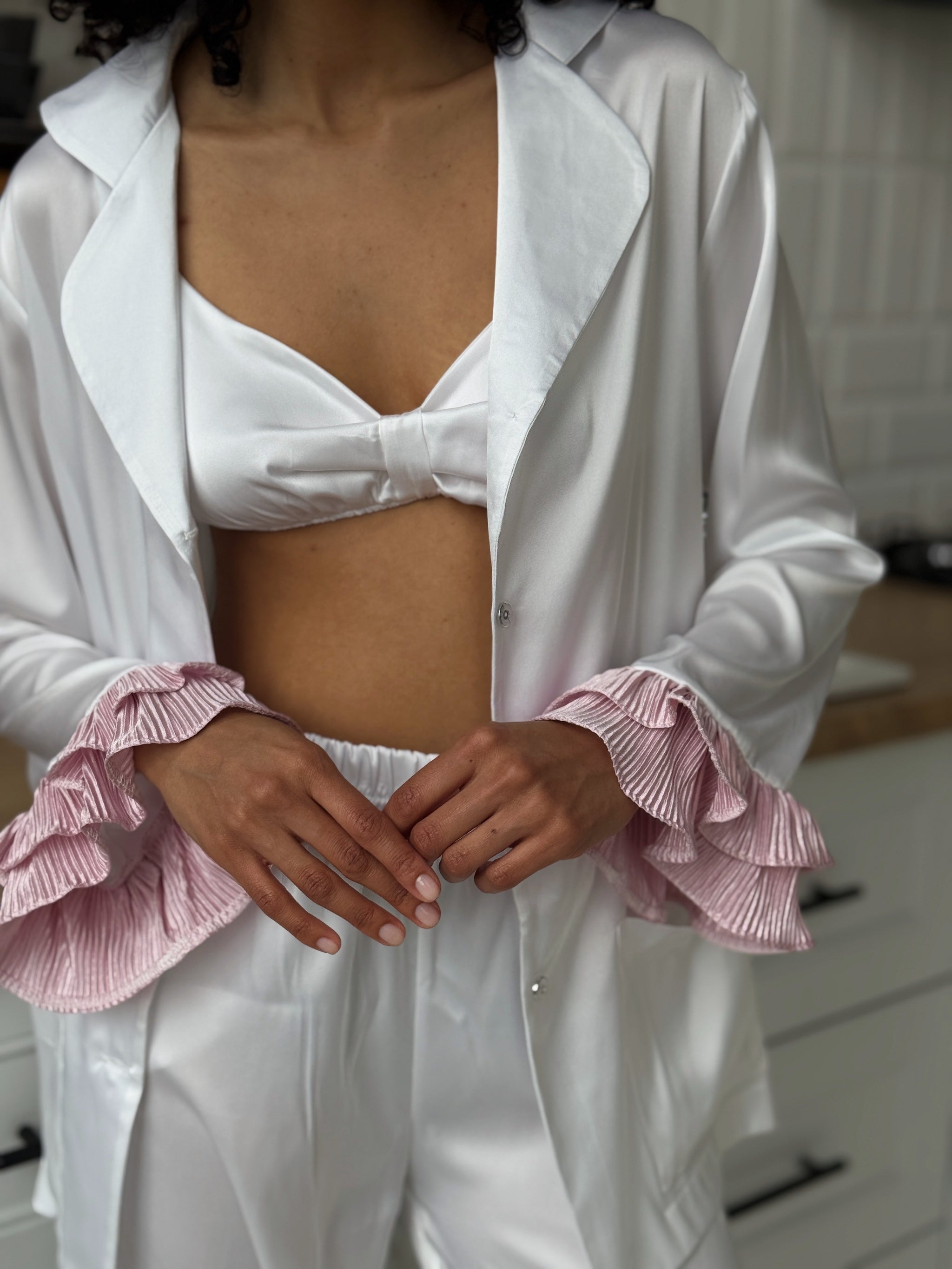 White Satin Pajama Set with Pink Ruffles