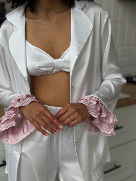 White Satin Pajama Set with Pink Ruffles
