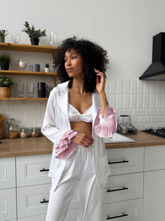 White Satin Pajama Set with Pink Ruffles
