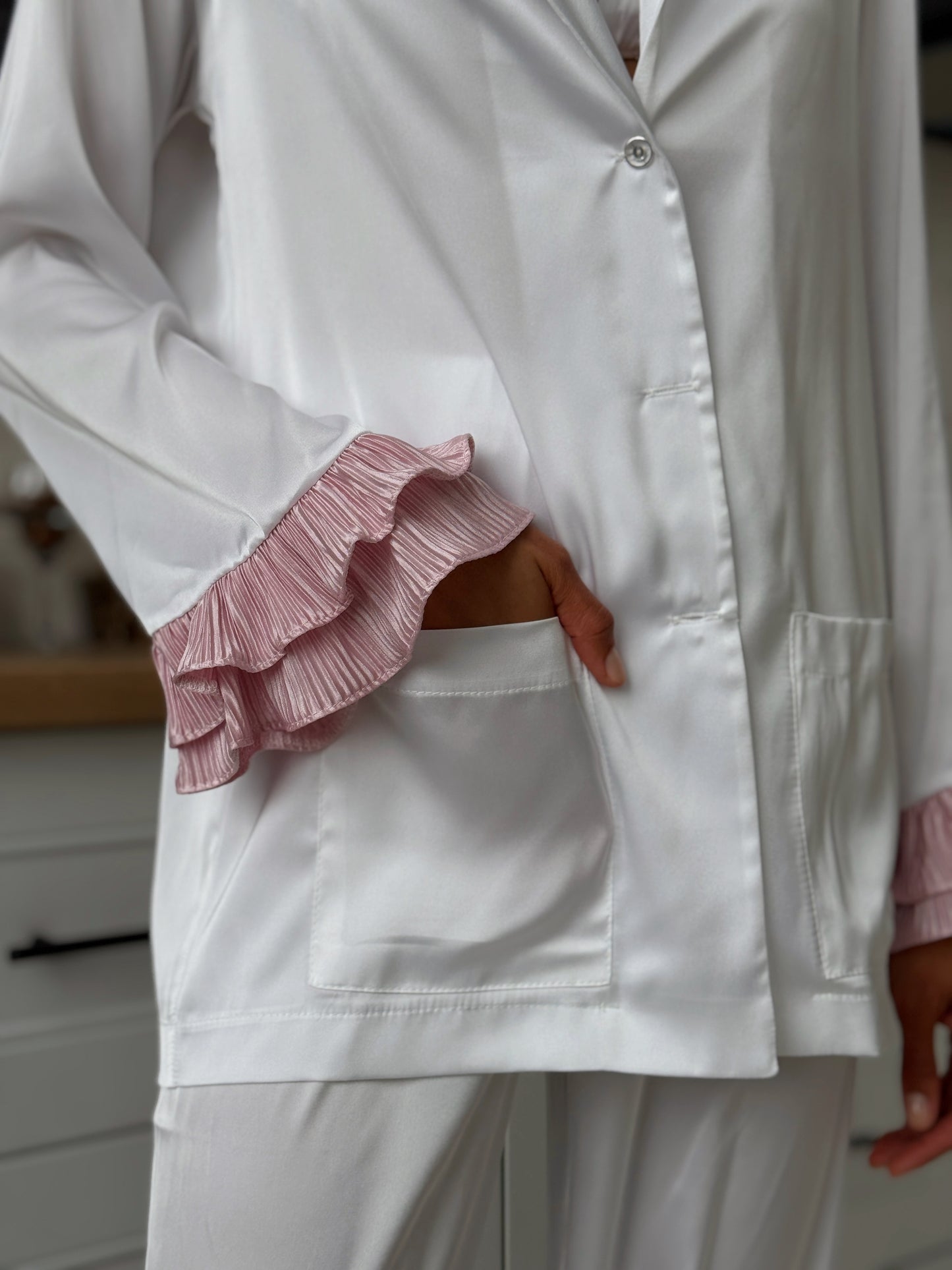 White Satin Pajama Set with Pink Ruffles