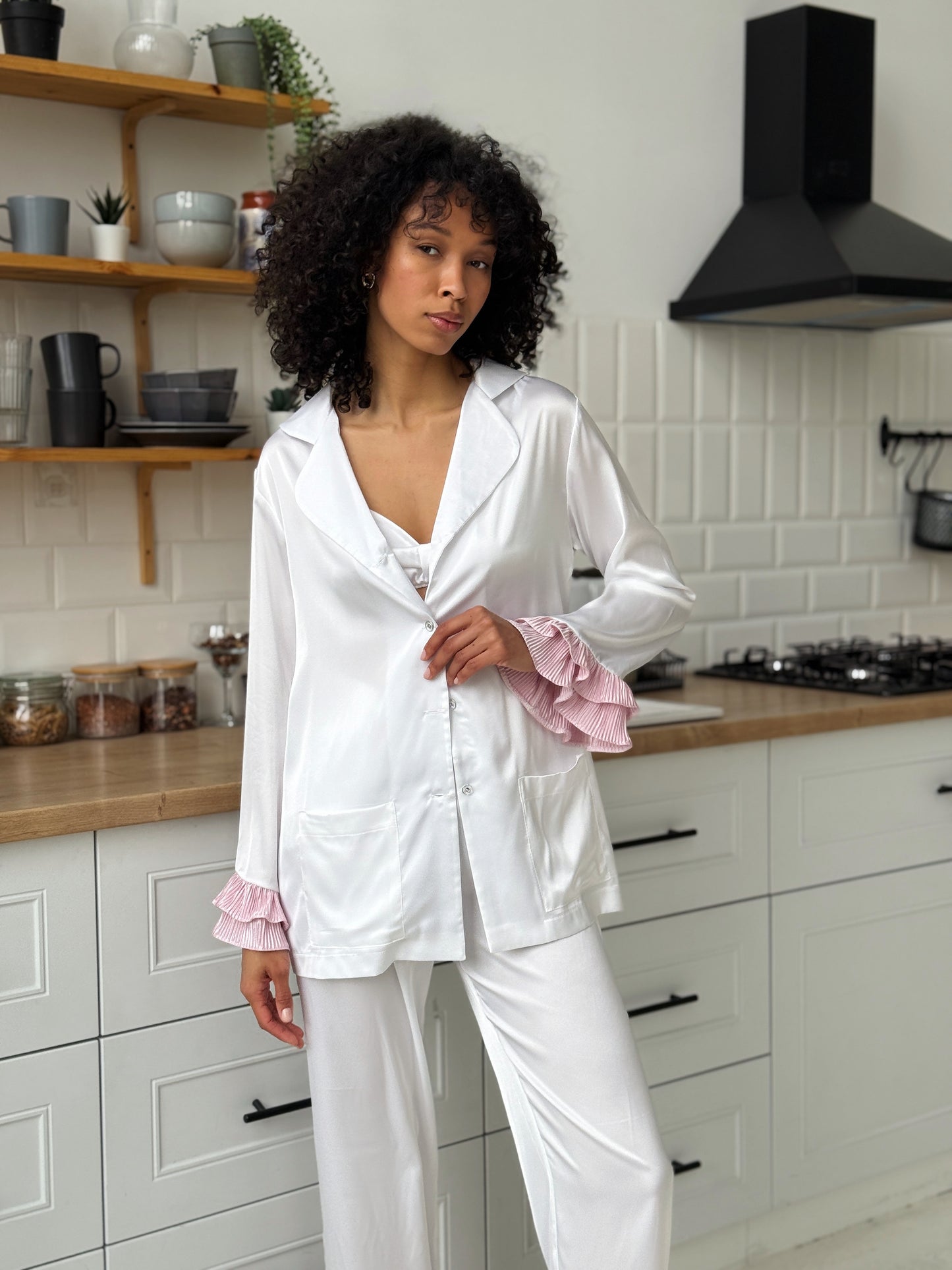 White Satin Pajama Set with Pink Ruffles
