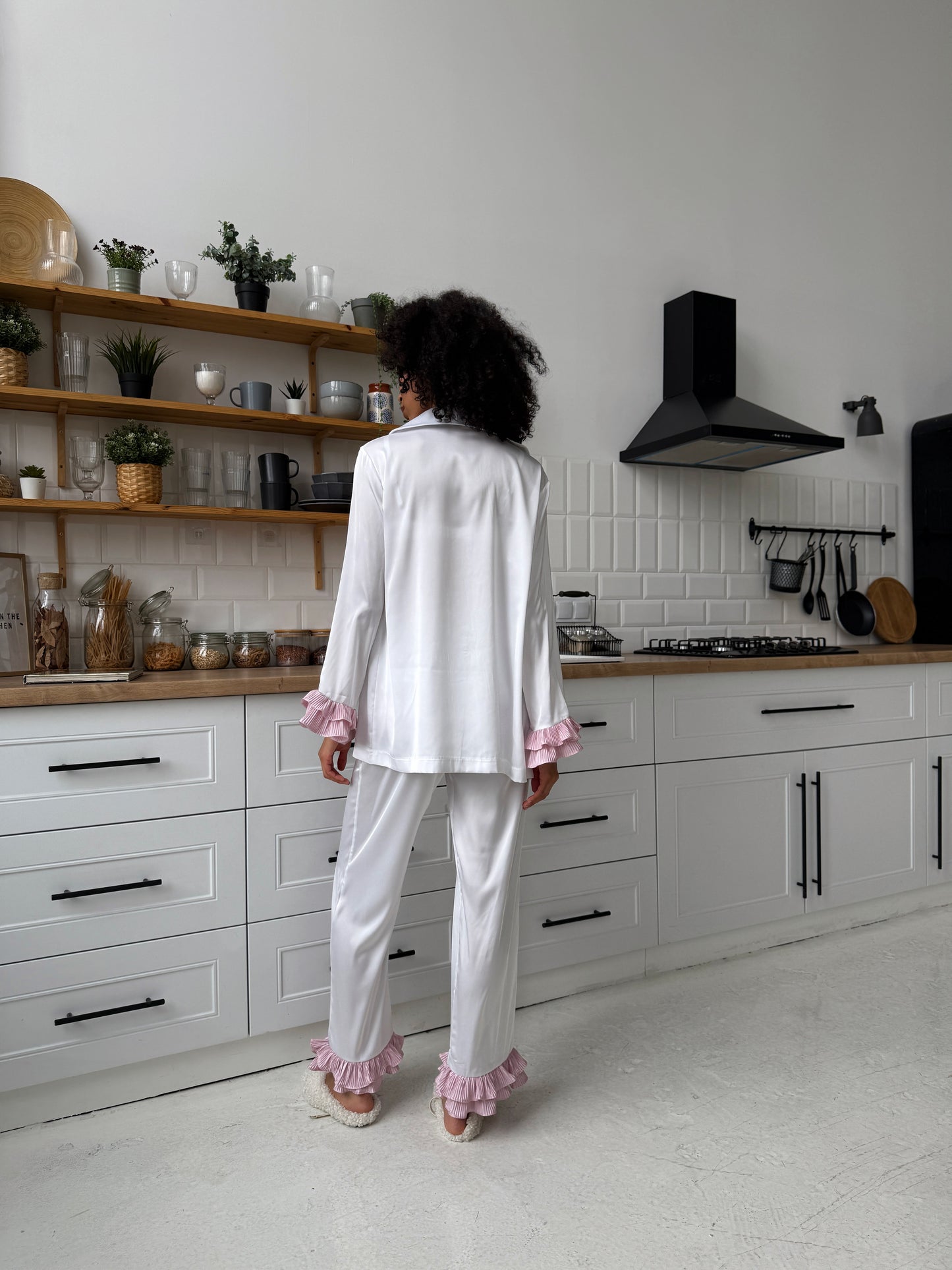 White Satin Pajama Set with Pink Ruffles