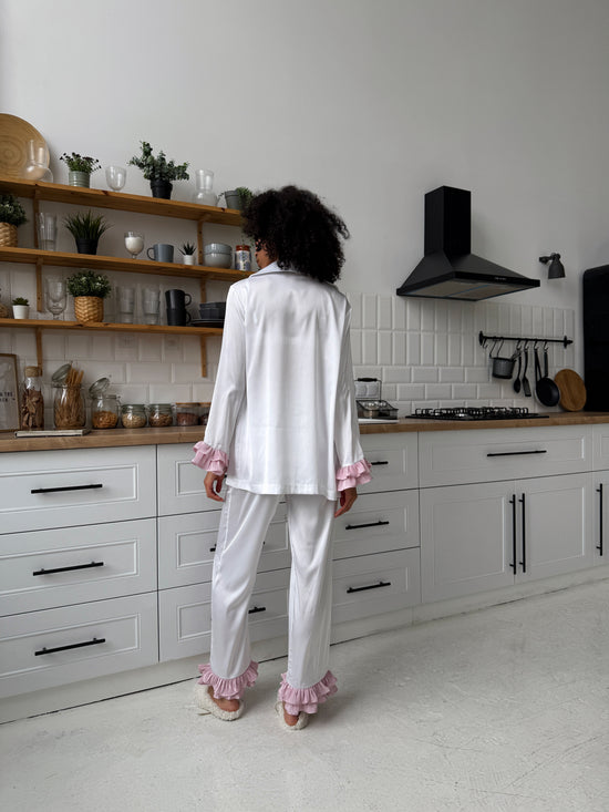 White Satin Pajama Set with Pink Ruffles