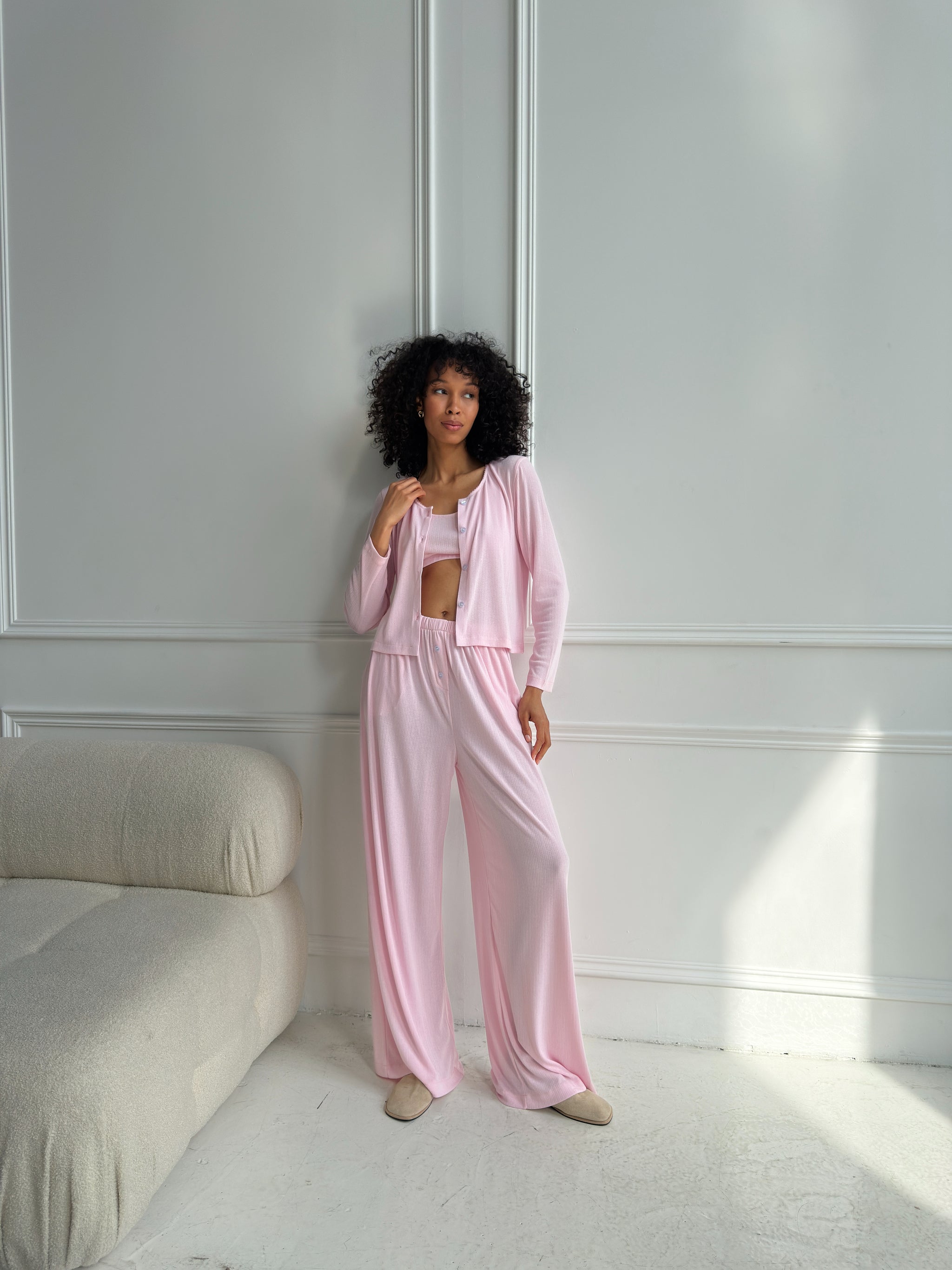 Pink Ribbed Knit Lounge Set