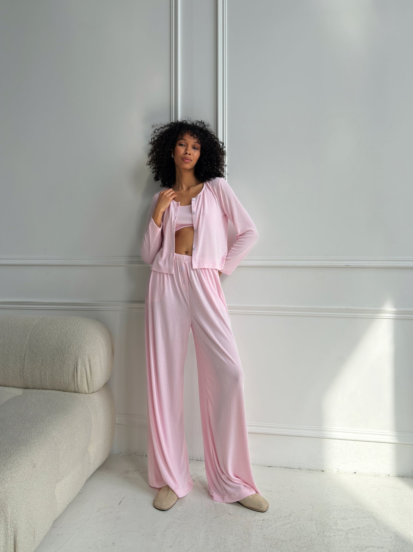 Pink Ribbed Knit Lounge Set