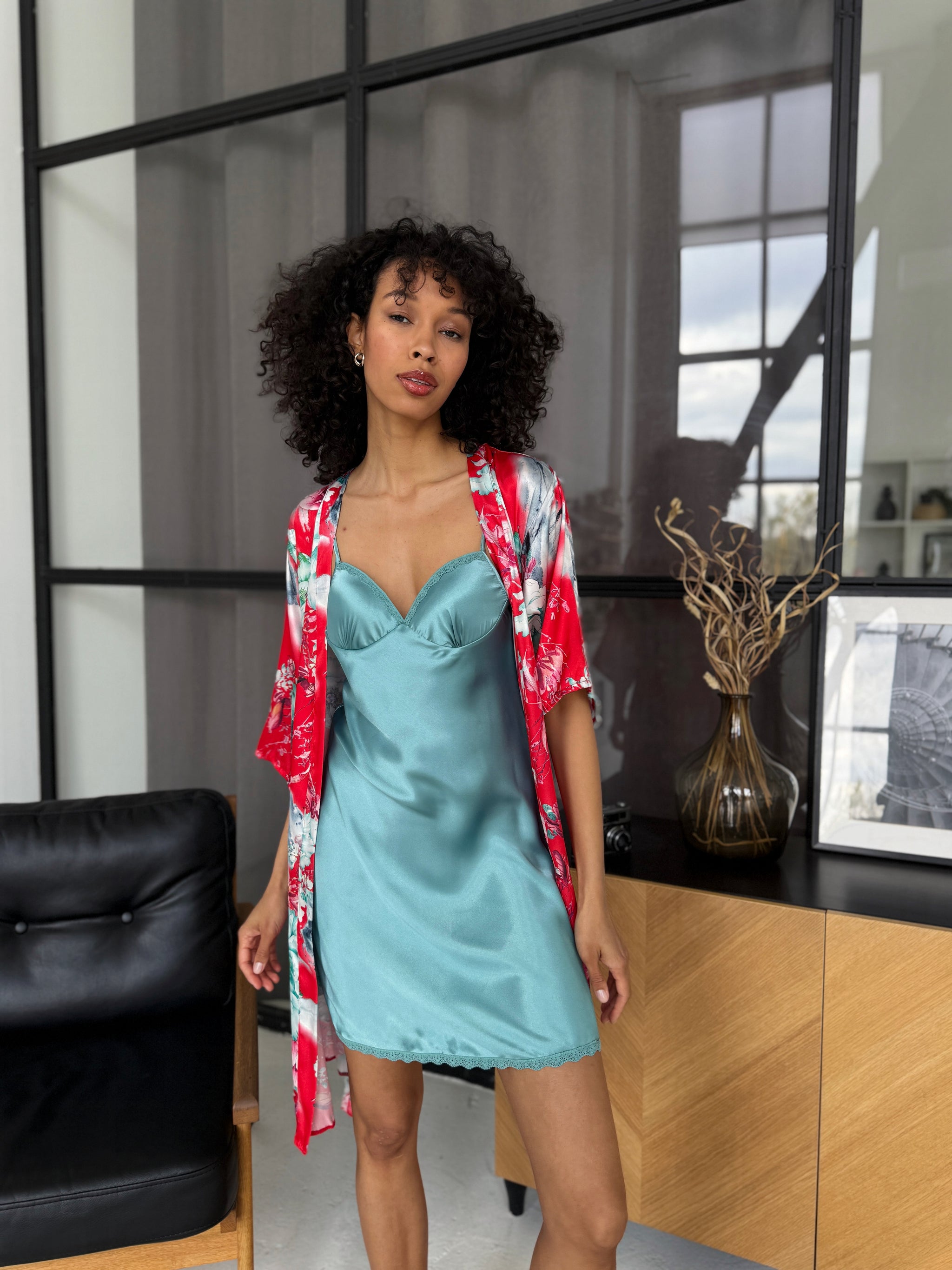 Red Robe with Olive Slip Set