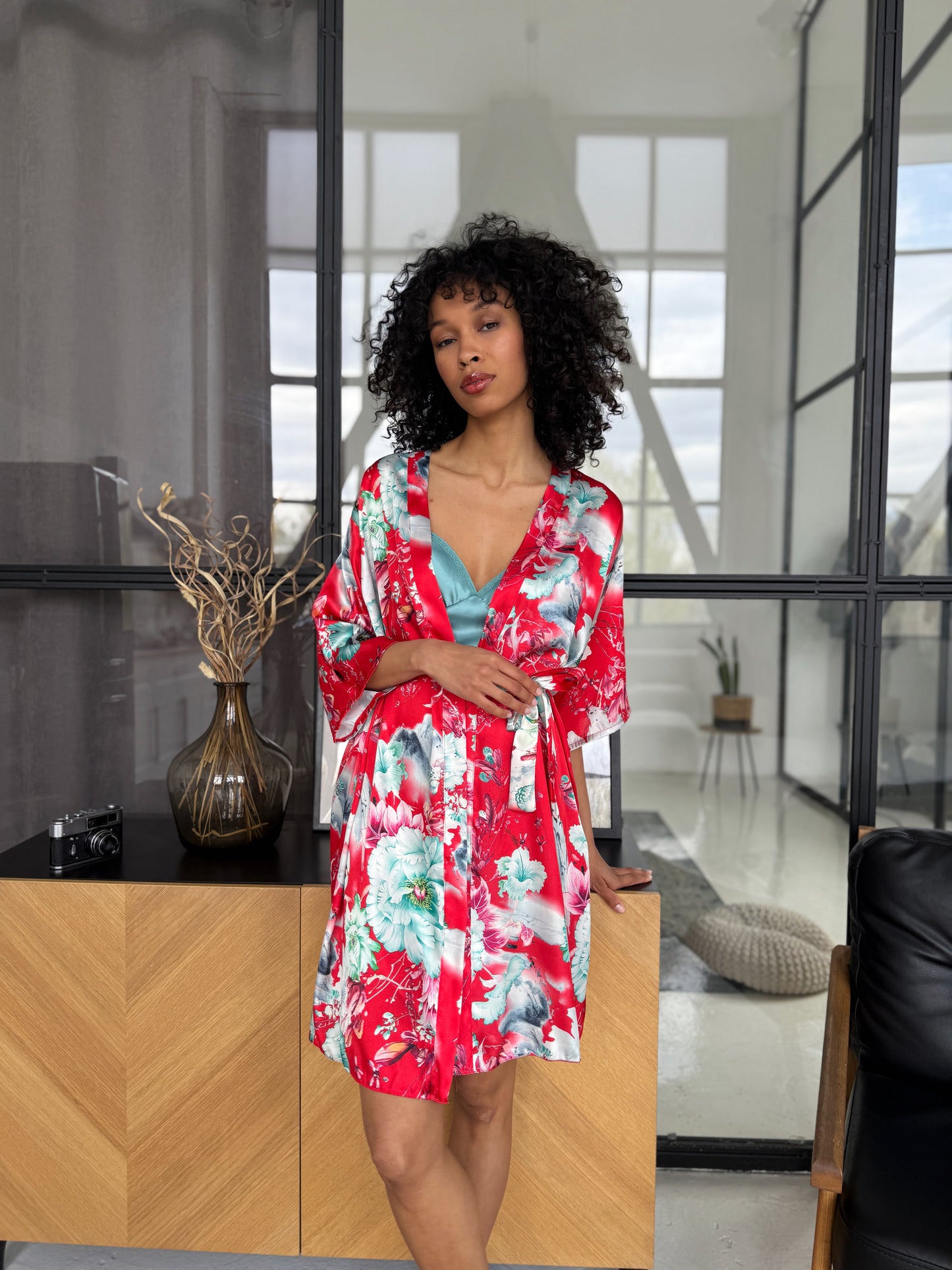 Red Robe with Olive Slip Set
