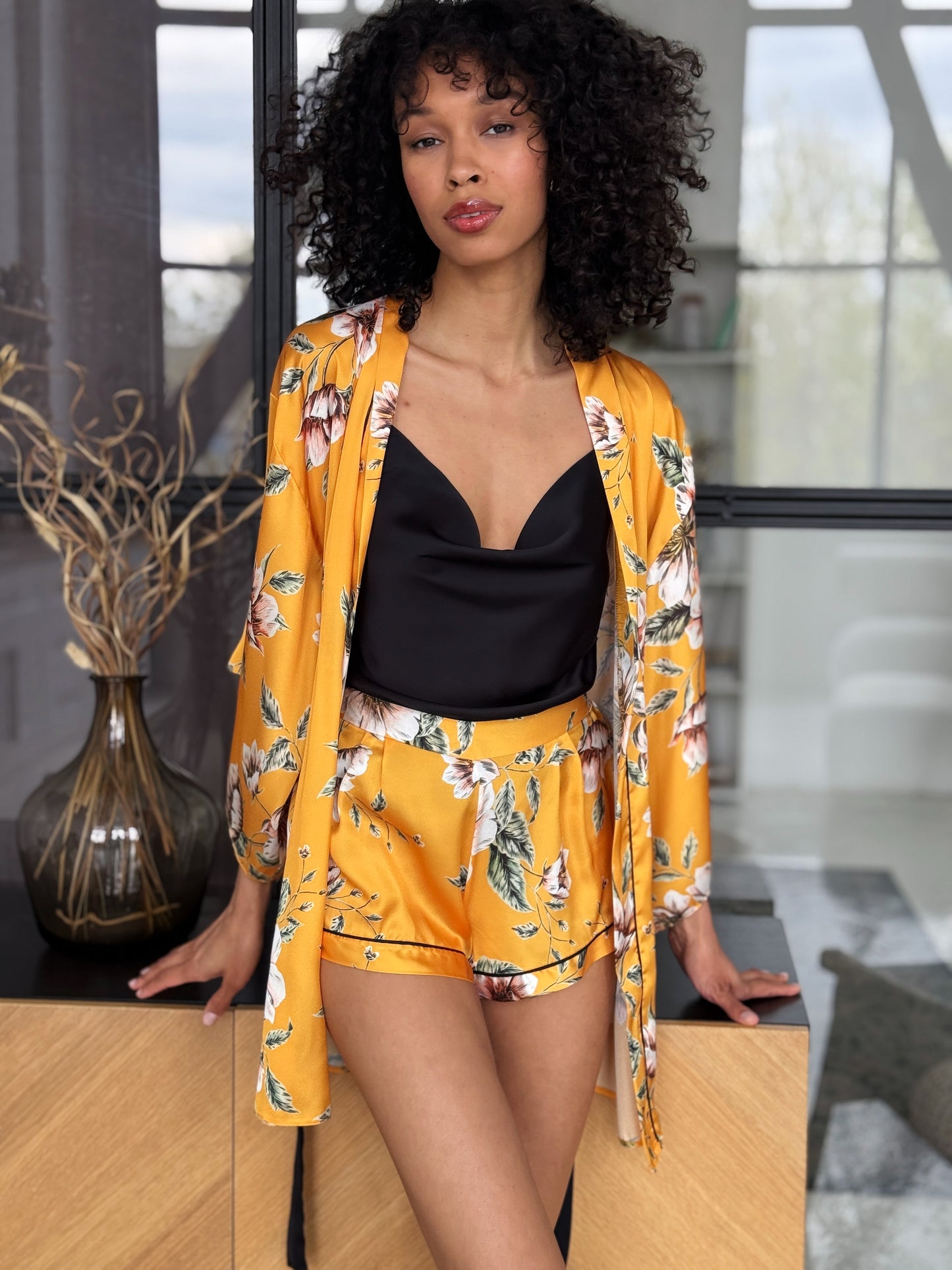 Yellow Floral Satin Robe Set
