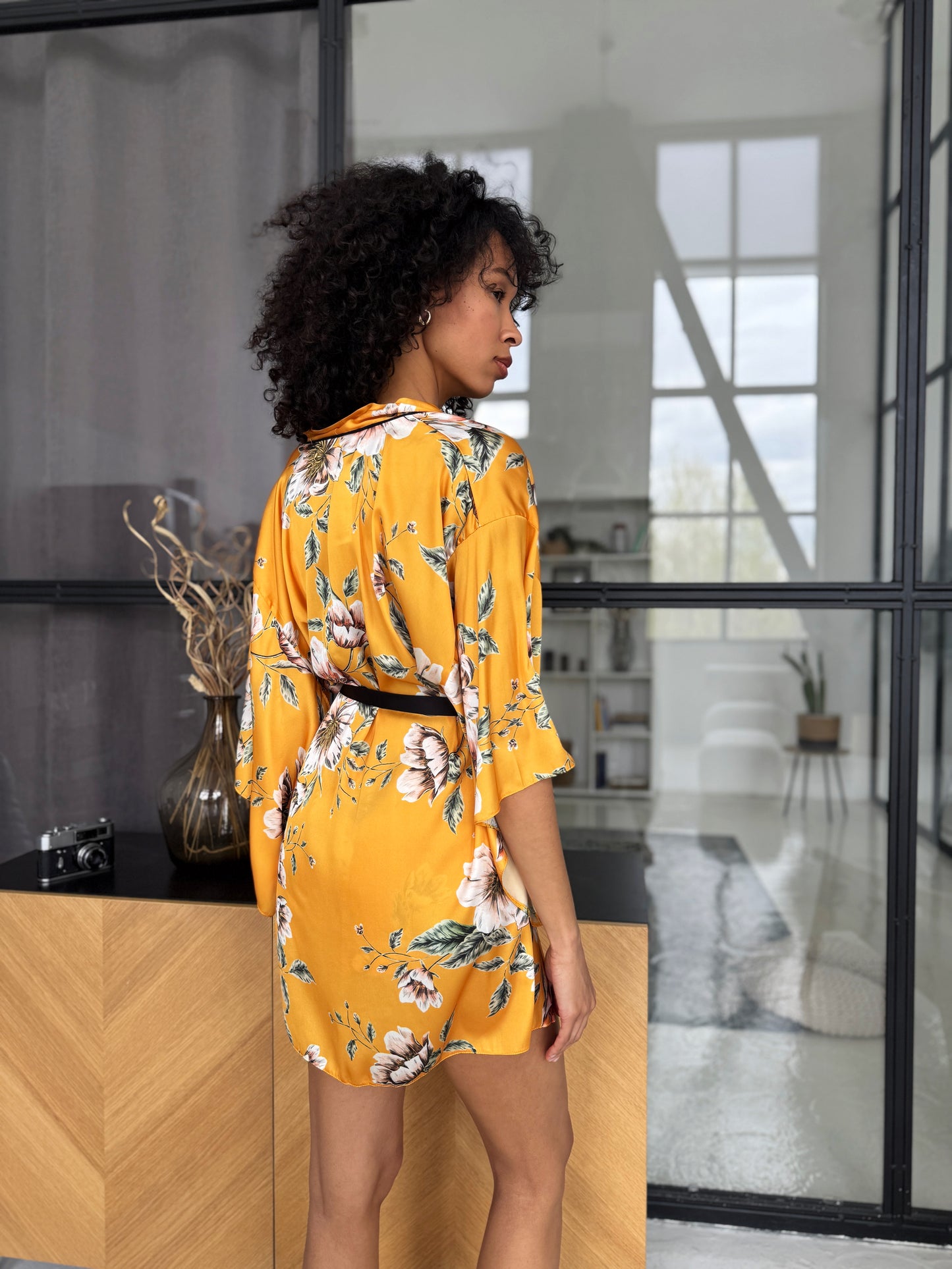 Yellow Floral Satin Robe Set