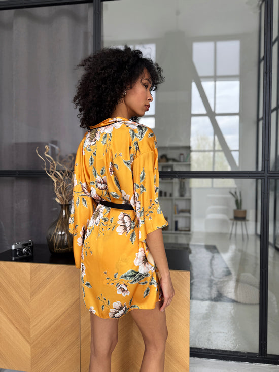 Yellow Floral Satin Robe Set