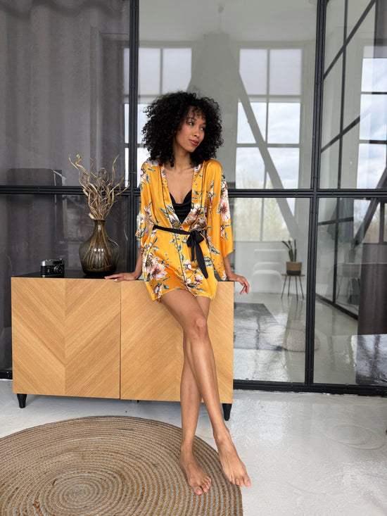 Yellow Floral Satin Robe Set