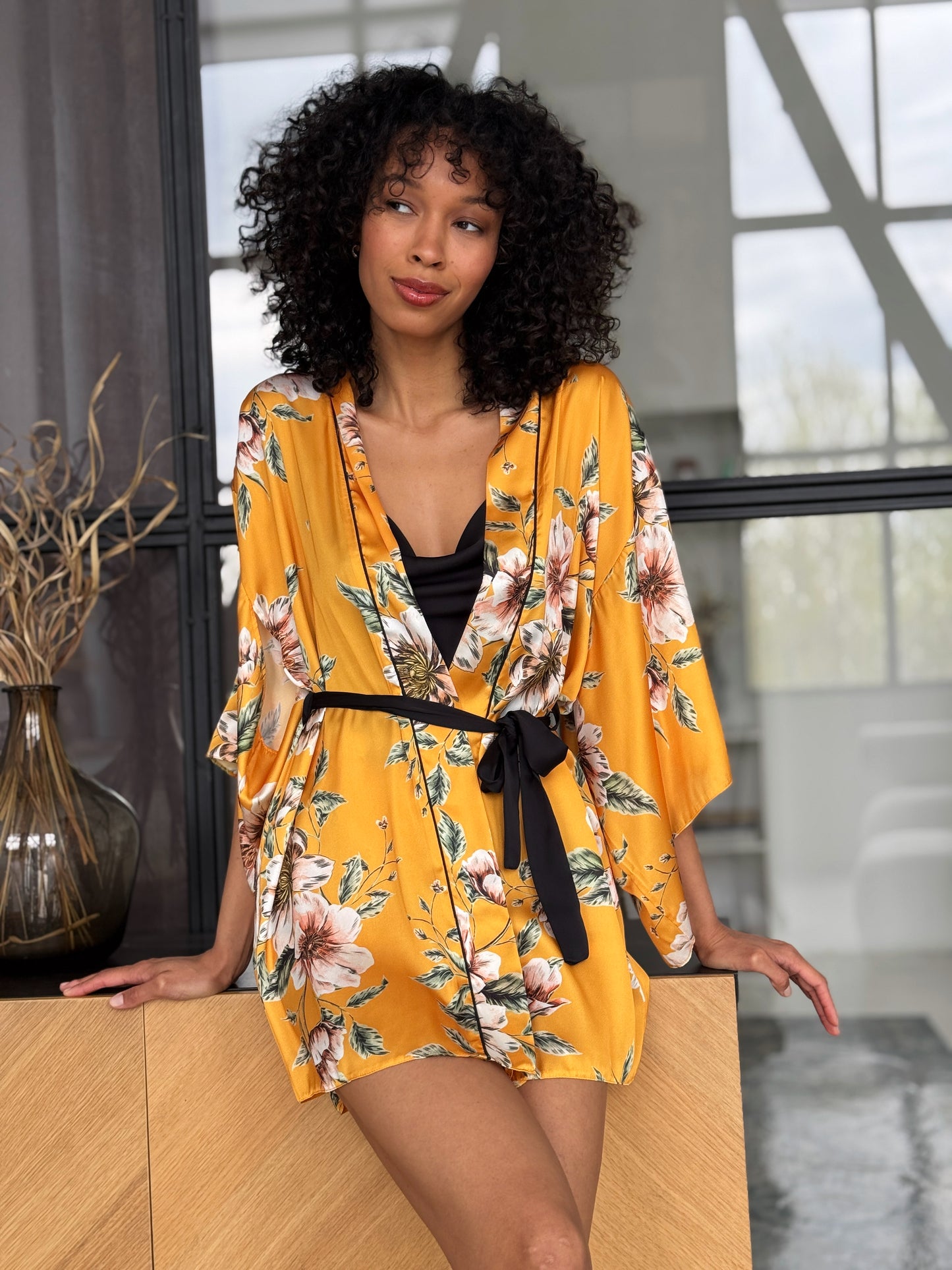 Yellow Floral Satin Robe Set