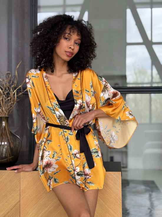 Yellow Floral Satin Robe Set