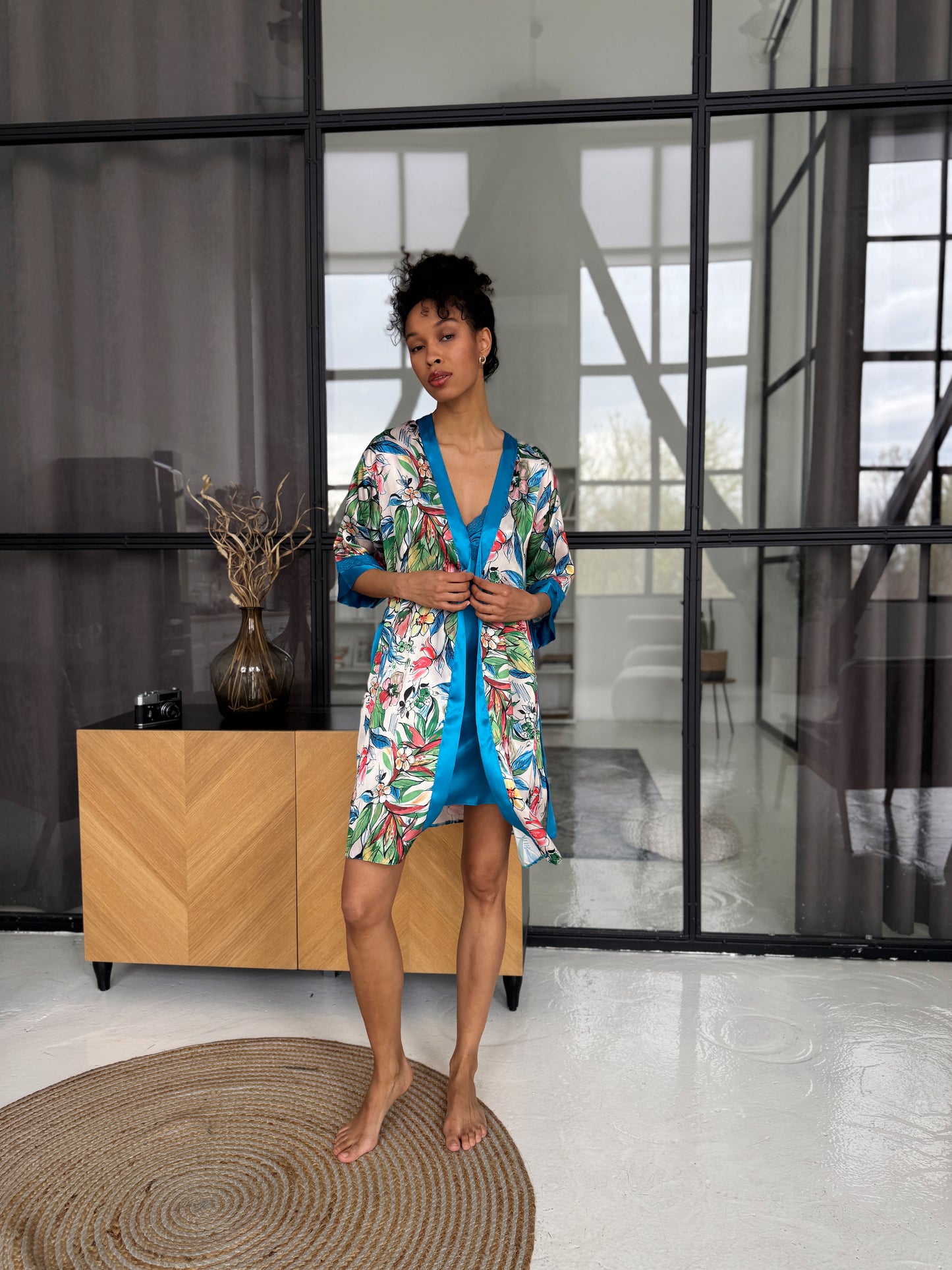 Blue Floral Satin Robe Set