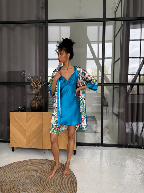 Blue Floral Satin Robe Set