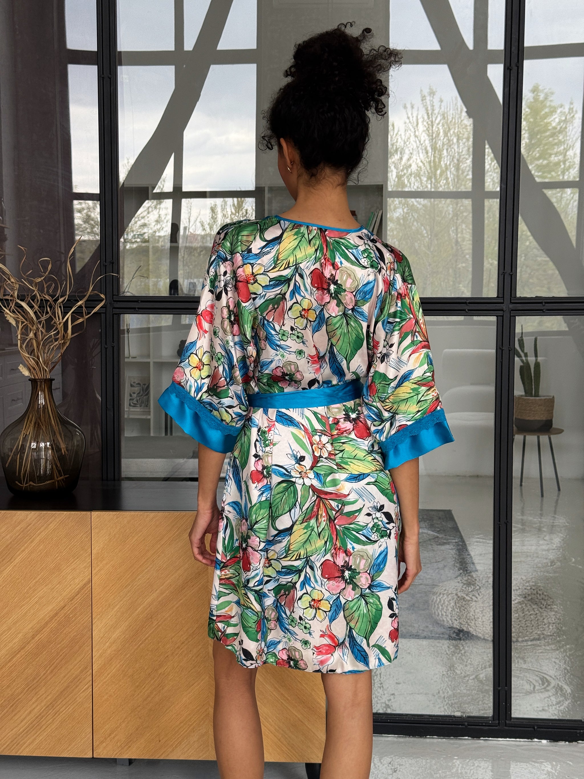 Blue Floral Satin Robe Set