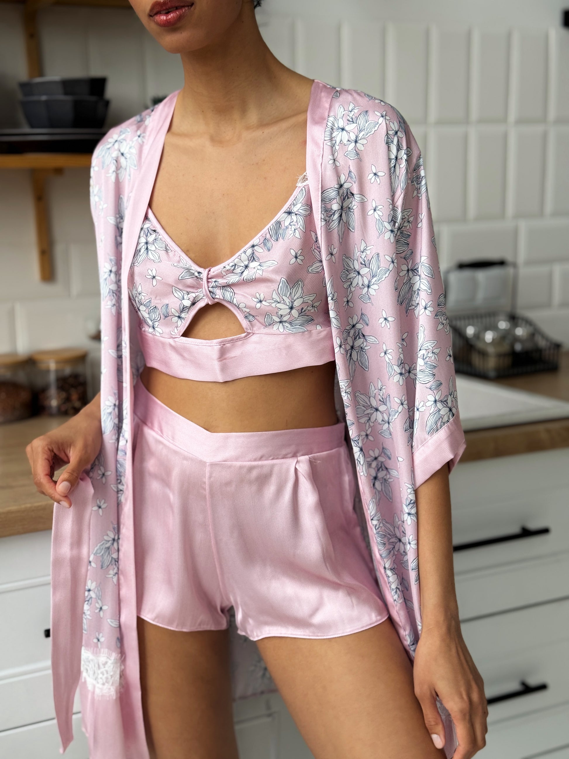 Pink Floral Satin Pajama Set