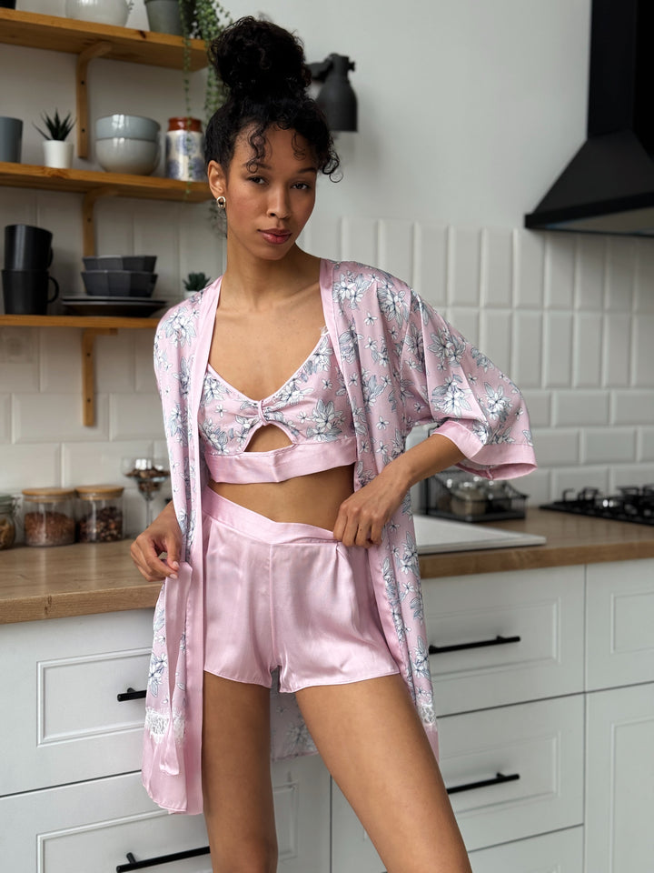 Pink Floral Satin Pajama Set