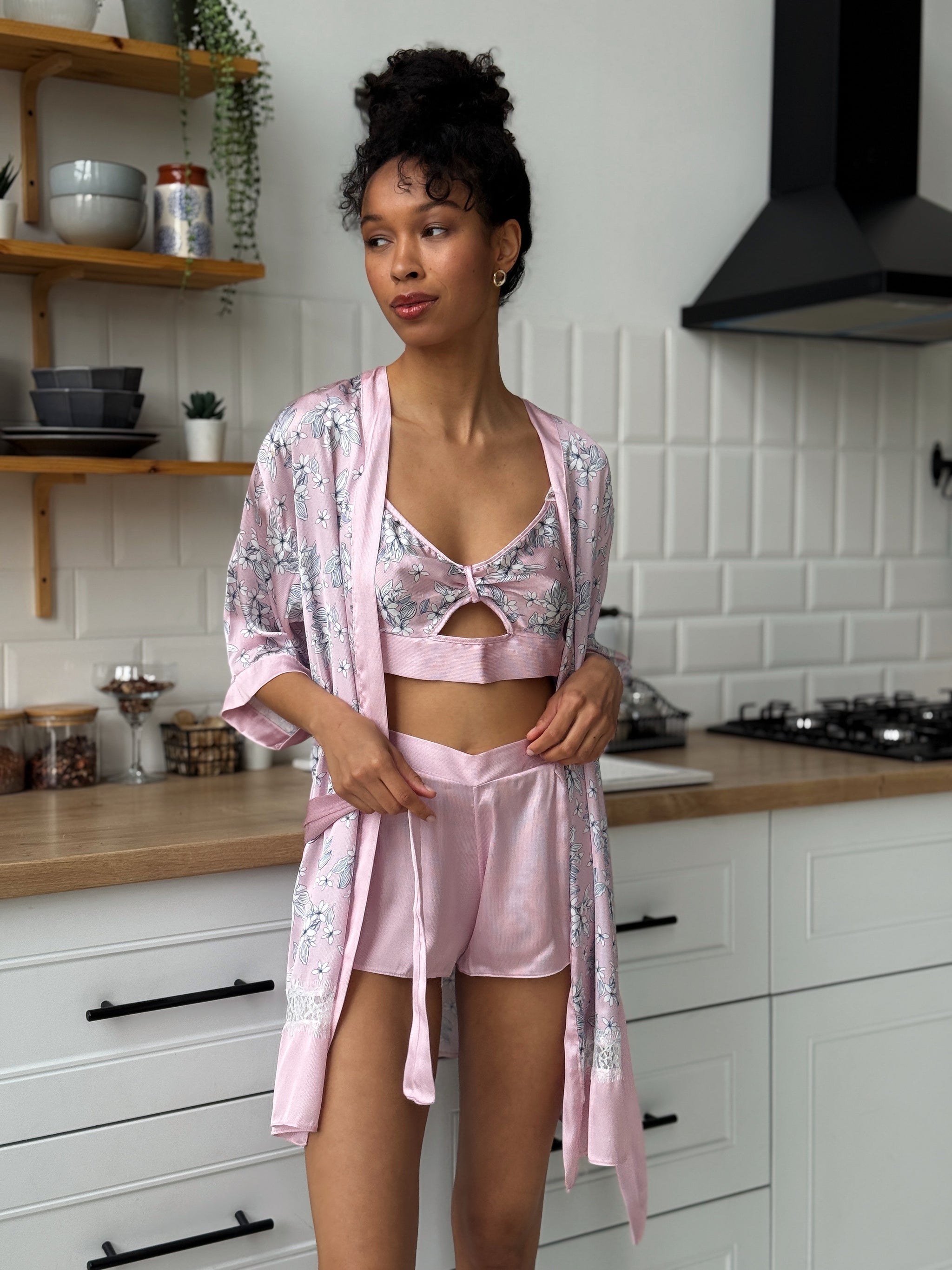 Pink Floral Satin Pajama Set