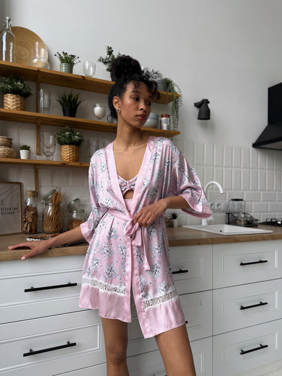Pink Floral Satin Pajama Set
