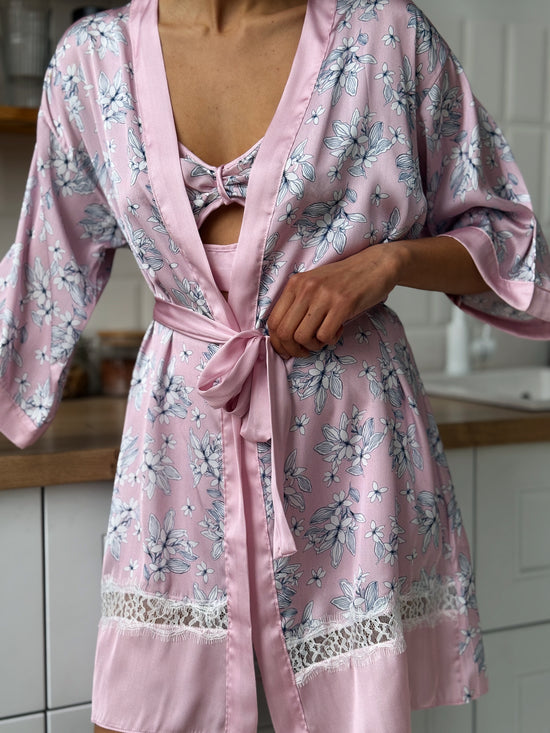 Pink Floral Satin Pajama Set
