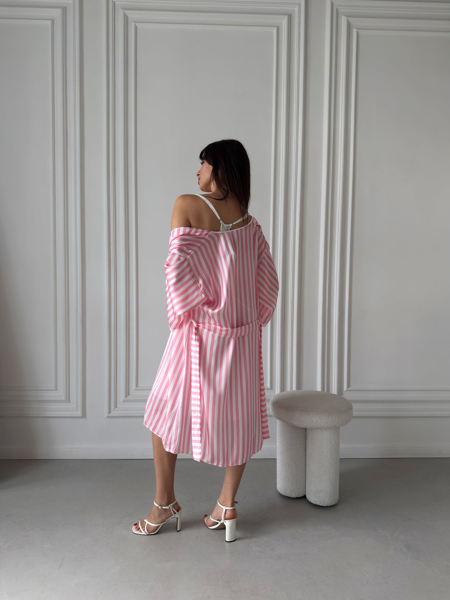 White Satin Nightgown & Pink Striped Robe Set