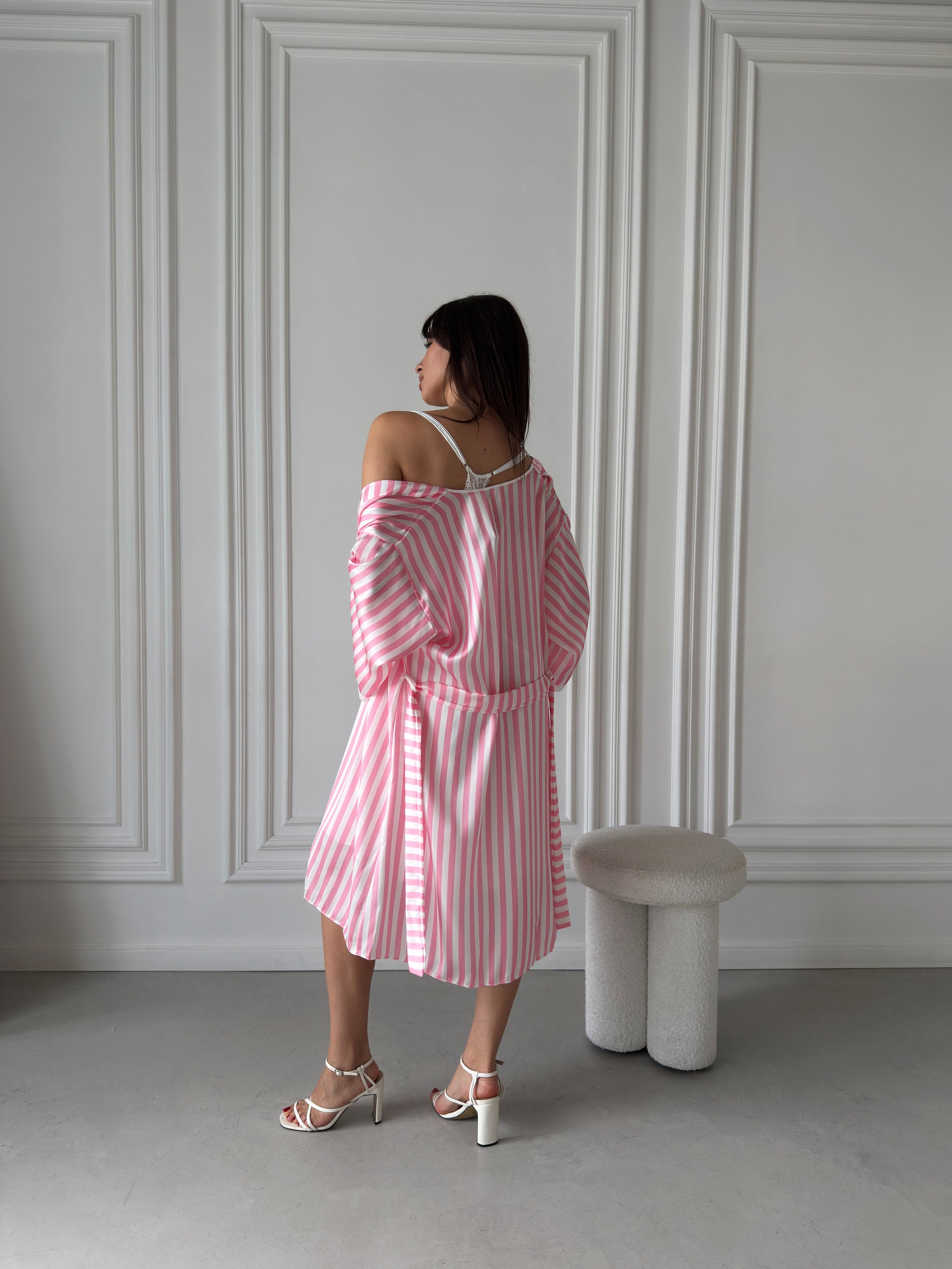 White Satin Nightgown & Pink Striped Robe Set