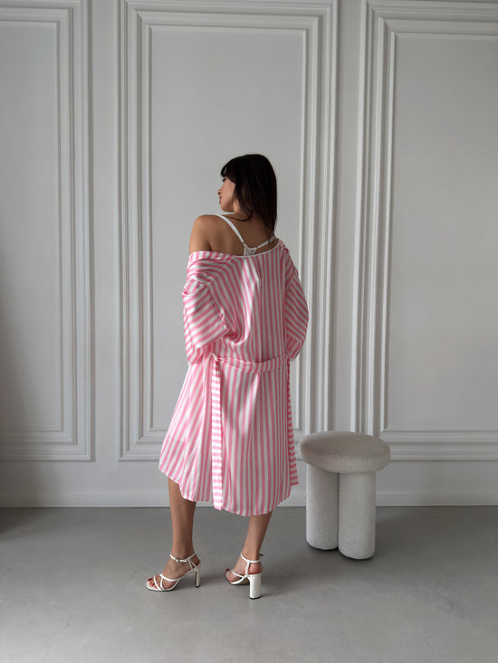 White Satin Nightgown & Pink Striped Robe Set