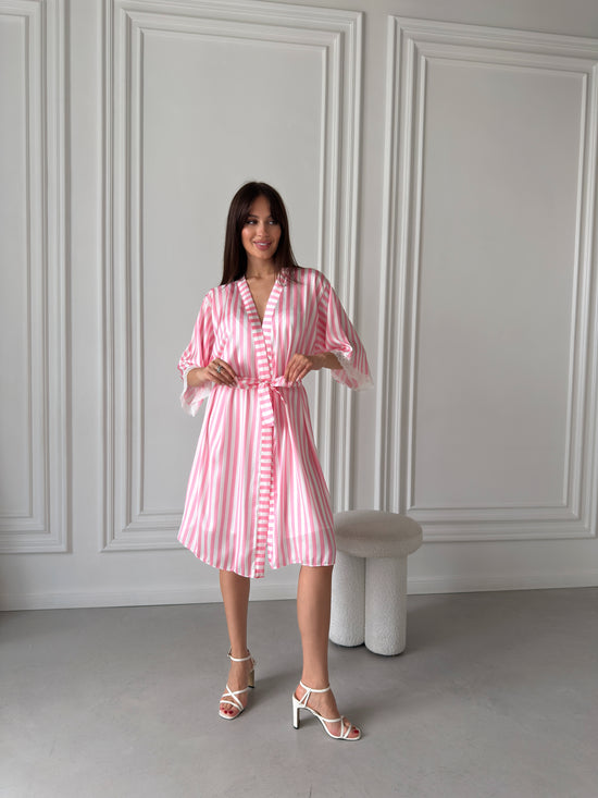 White Satin Nightgown & Pink Striped Robe Set